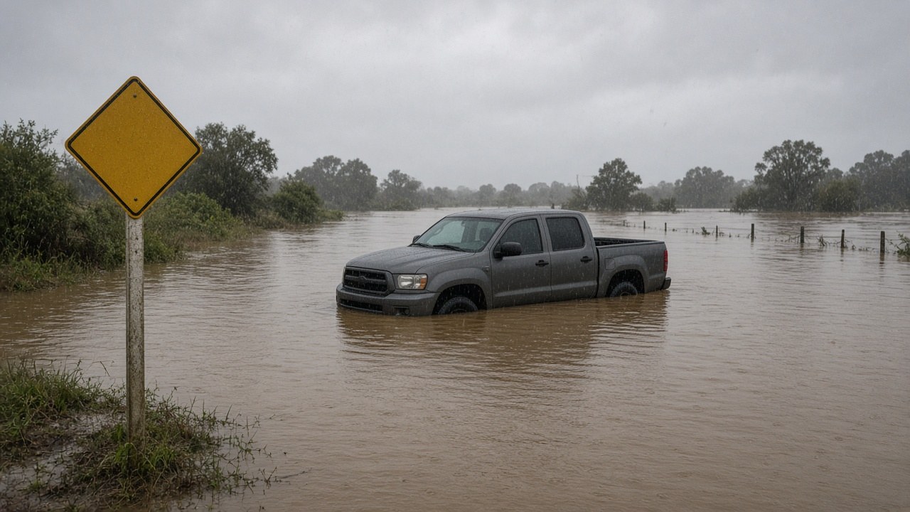 The ute stalled halfway across the flooded road