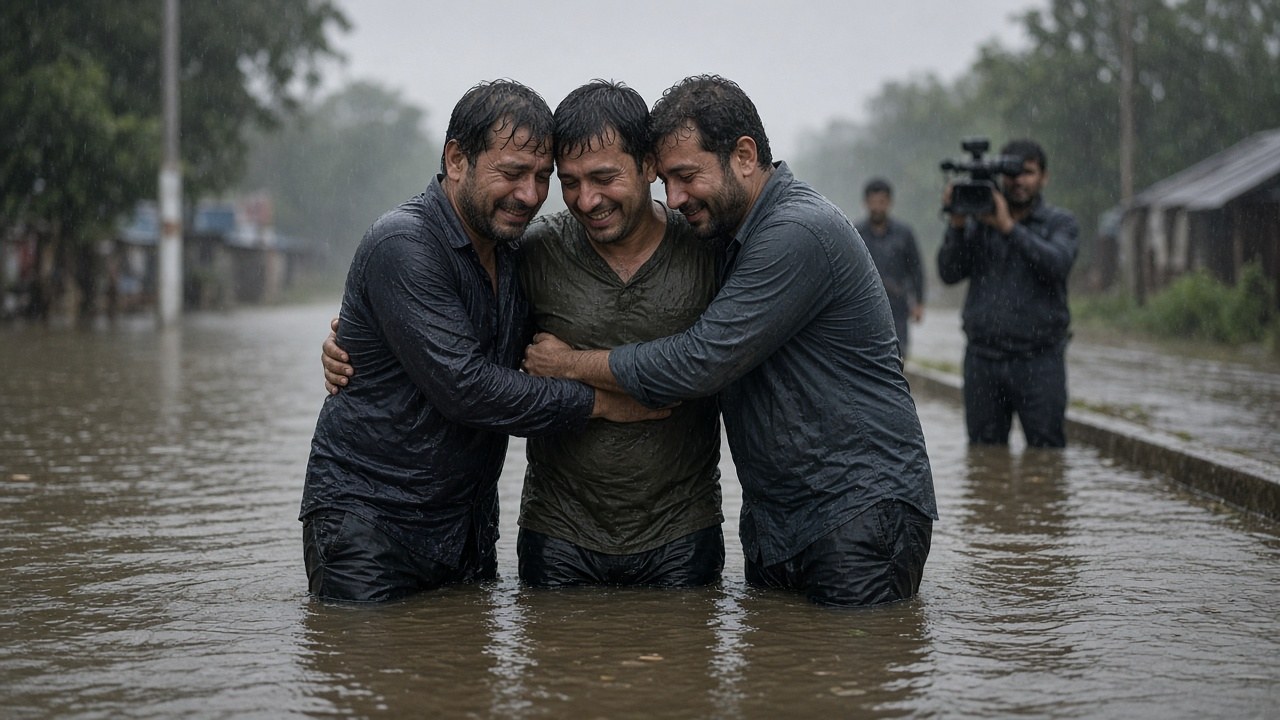 Three soaked men hugging in relief after the rescue