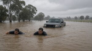 Two men swimming through brown floodwater towards a sinking four-wheel-drive ute on a flooded country road in the rain