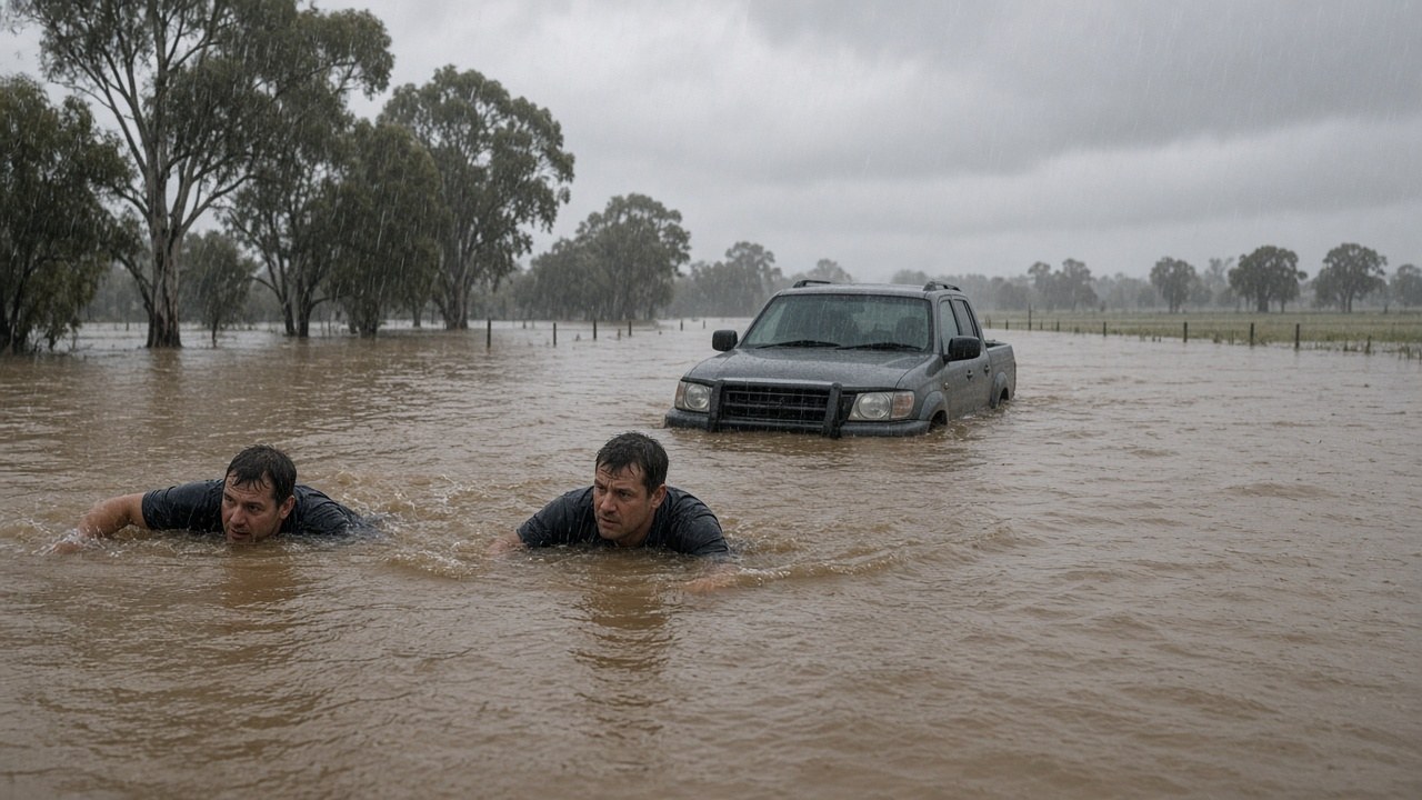 Two men swimming through brown floodwater towards a sinking four-wheel-drive ute on a flooded country road in the rain