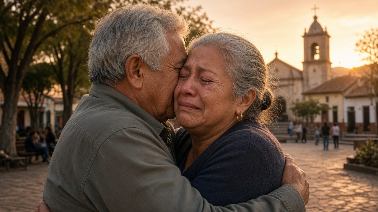 Pareja de ancianos abrazándose en la plaza de un pueblo