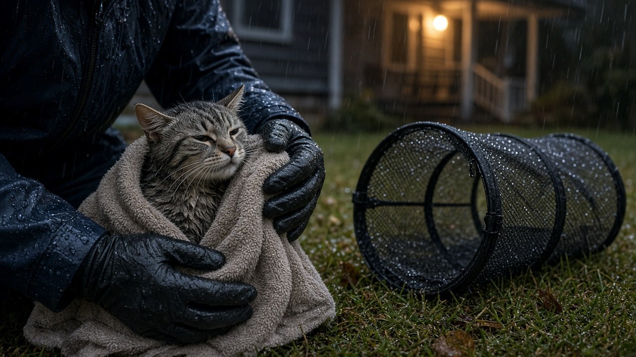 Rescuers lifting the soaked cats out of the rain