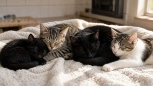 Four rescued cats, a black kitten, a grey tabby, a black cat and a white and tabby cat, curled up together on a soft blanket