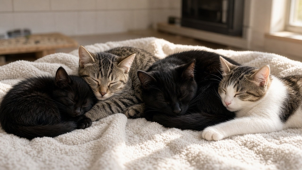 Four rescued cats, a black kitten, a grey tabby, a black cat and a white and tabby cat, curled up together on a soft blanket