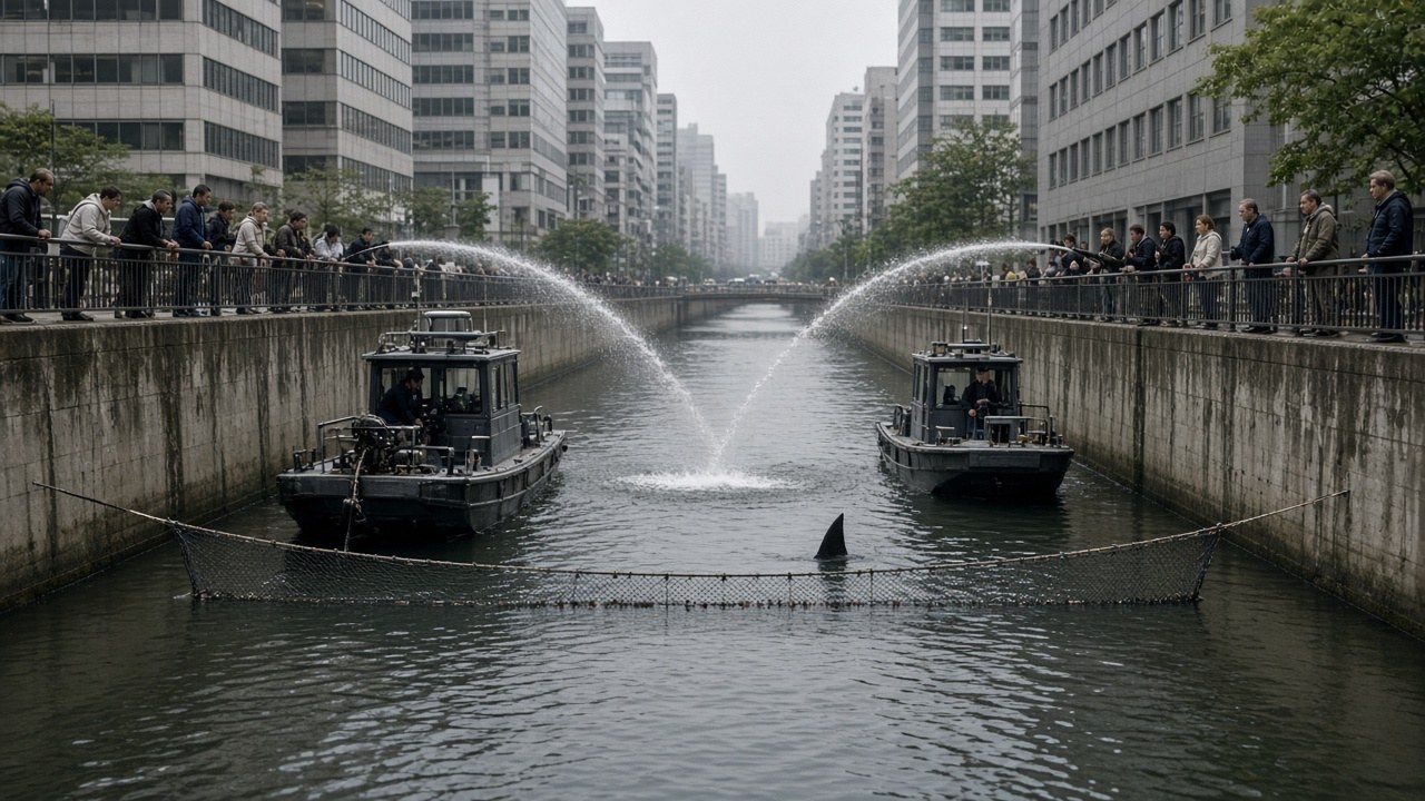An earlier attempt with boats spraying water and nets across the canal