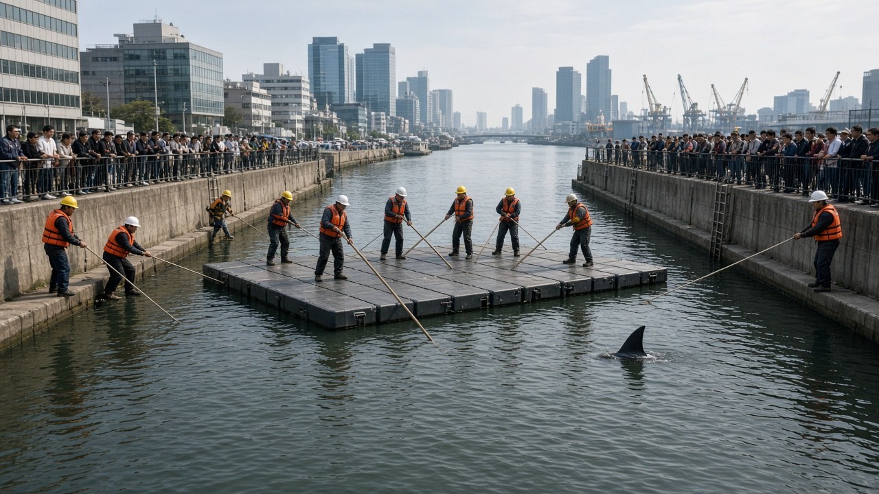 Workers on a floating platform with oars guiding a shark along a narrow city canal as crowds watch from the banks