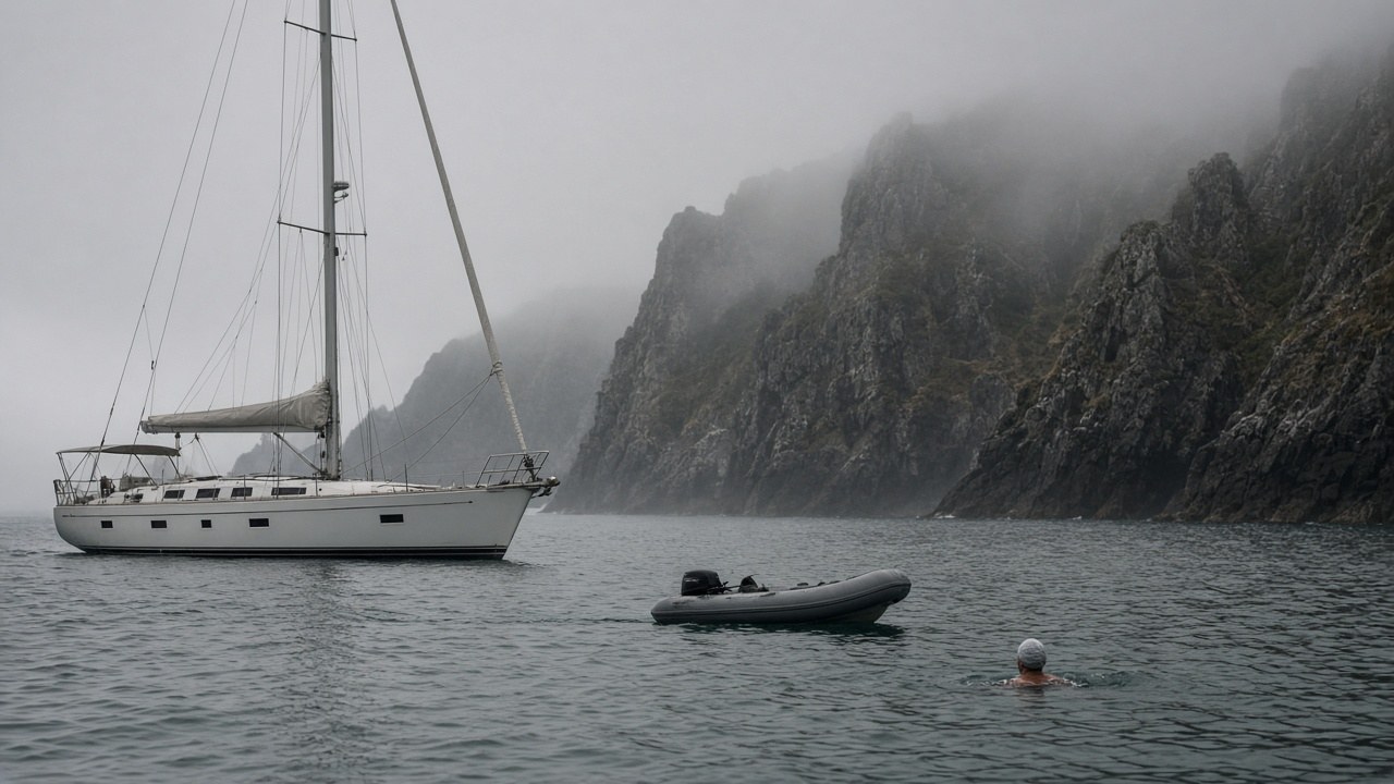 A sailboat and dinghy escorting a lone swimmer along a foggy coastline