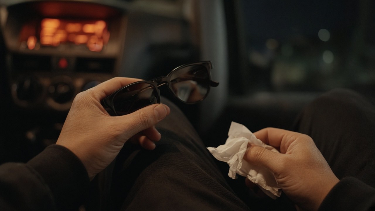 The sunglasses come off