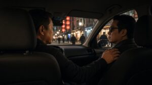 A ride-hailing driver and his blind passenger share a moment in a car at night
