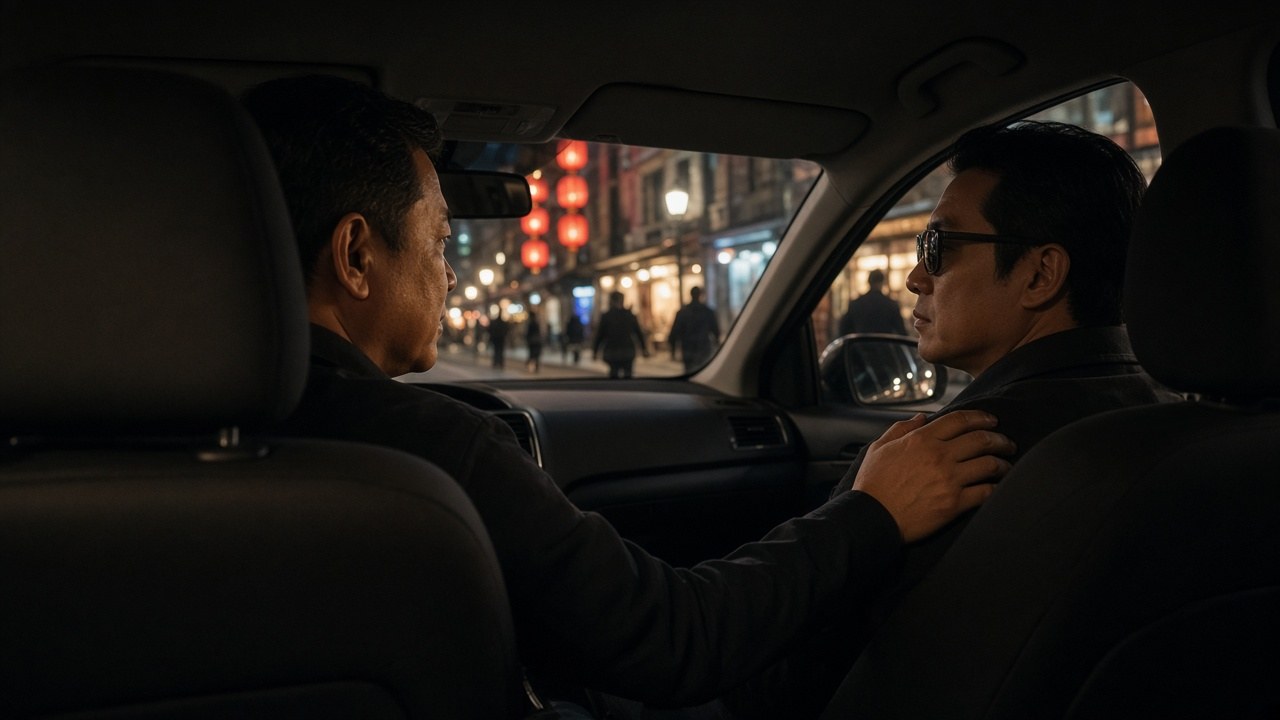 A ride-hailing driver and his blind passenger share a moment in a car at night