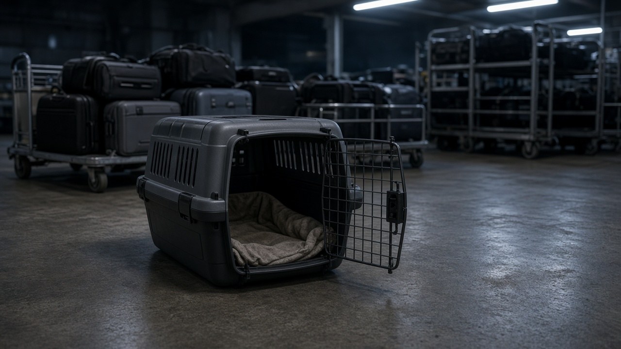 An empty pet carrier in a dim airport cargo area at night