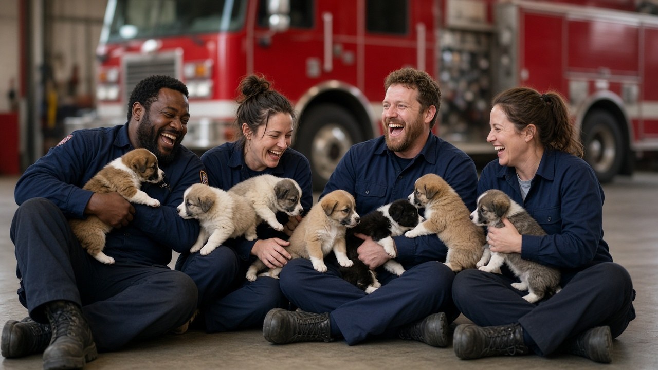 The firefighters reunite with the growing puppies