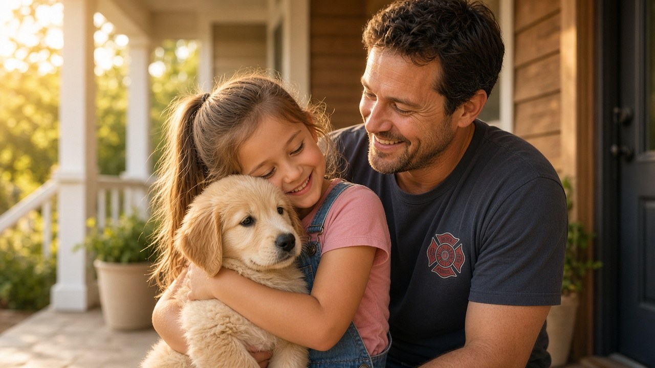 A puppy goes home with a firefighter's daughter