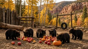 Several young black bear cubs eating apples and pumpkins together in a wooded rescue enclosure