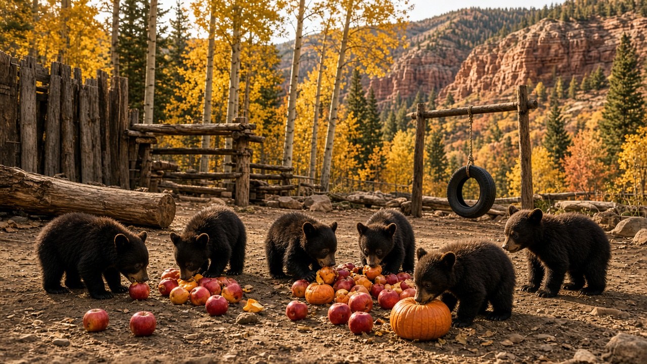 Several young black bear cubs eating apples and pumpkins together in a wooded rescue enclosure