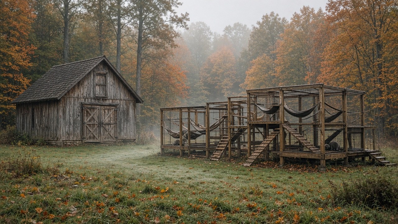 The raccoon rehab center's enclosures at the edge of the forest
