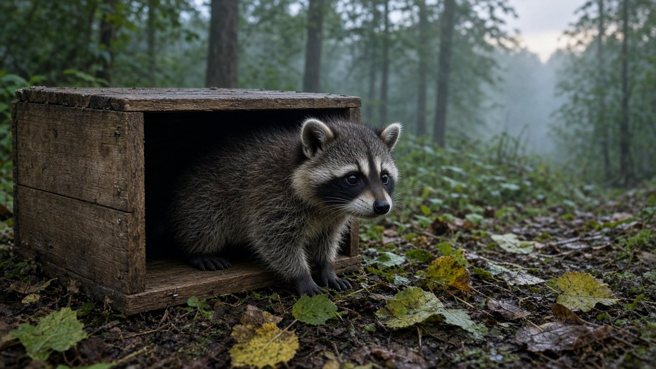 A young raccoon heading into the forest on release day