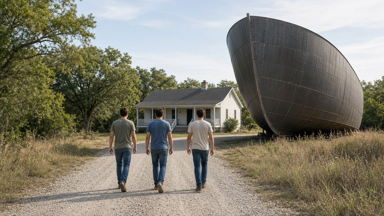 Three visitors walking up to the house with the boat beside it