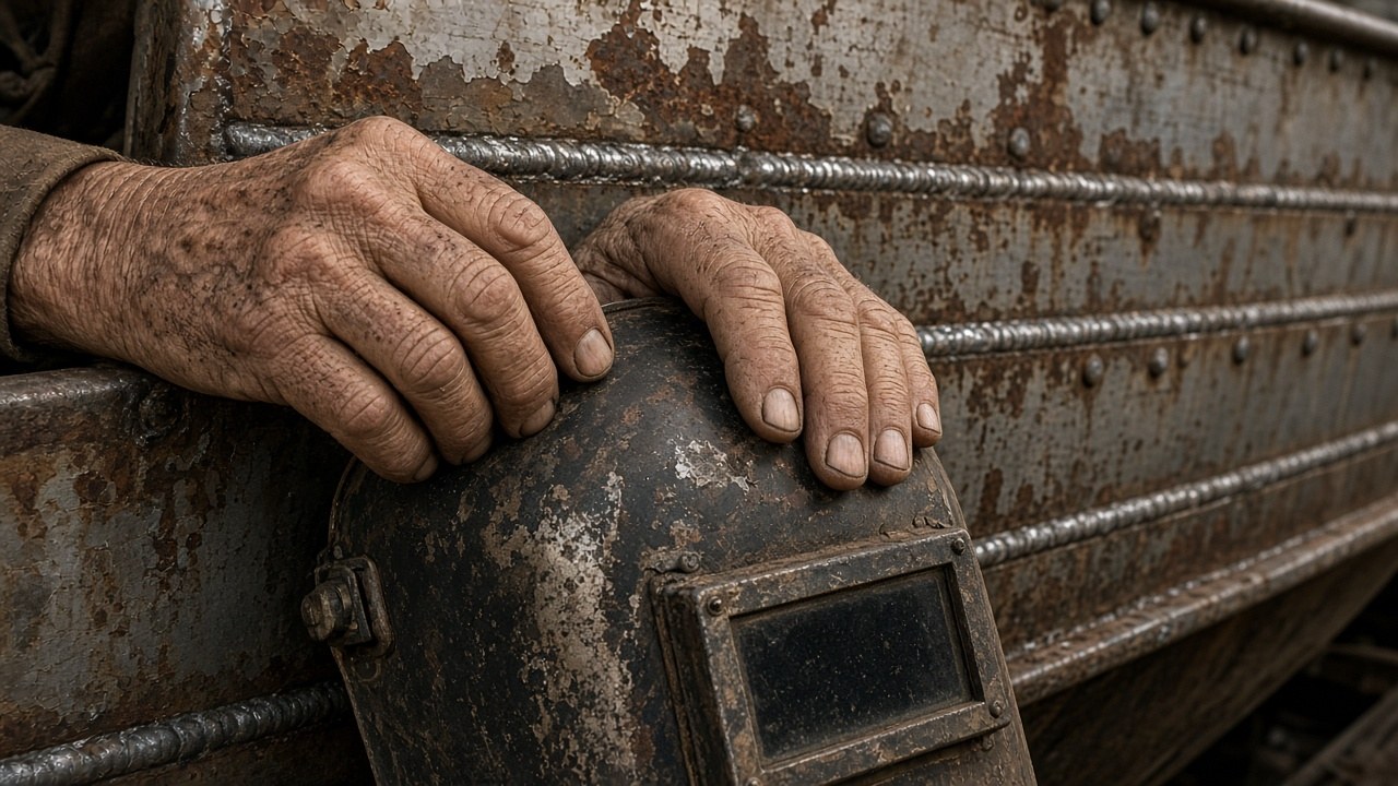 Weathered hands, a welding helmet and decades of weld seams