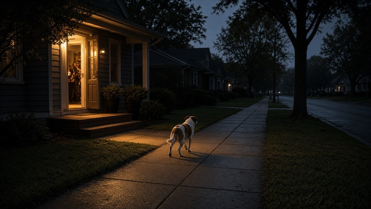 A dog slipping out an open front door during a house party