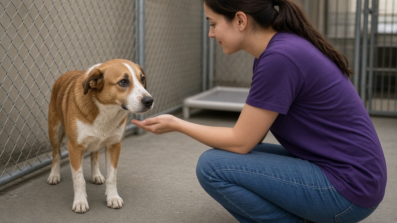 A shy shelter dog meeting a kind volunteer through the kennel