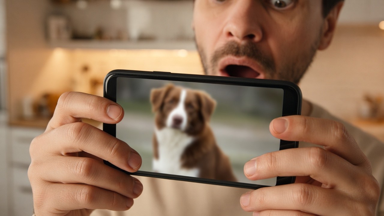 A man recognizing his lost dog in a shelter post on his phone