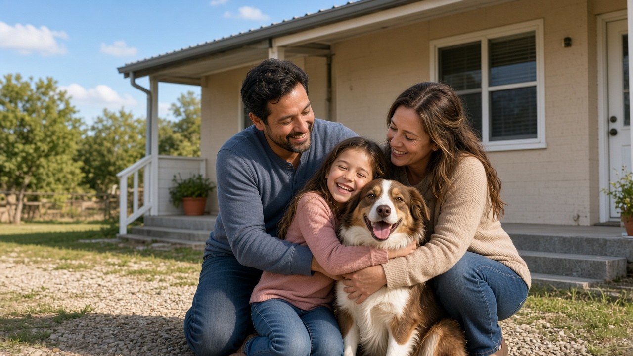 A family hugging their dog outside the animal shelter after three years apart
