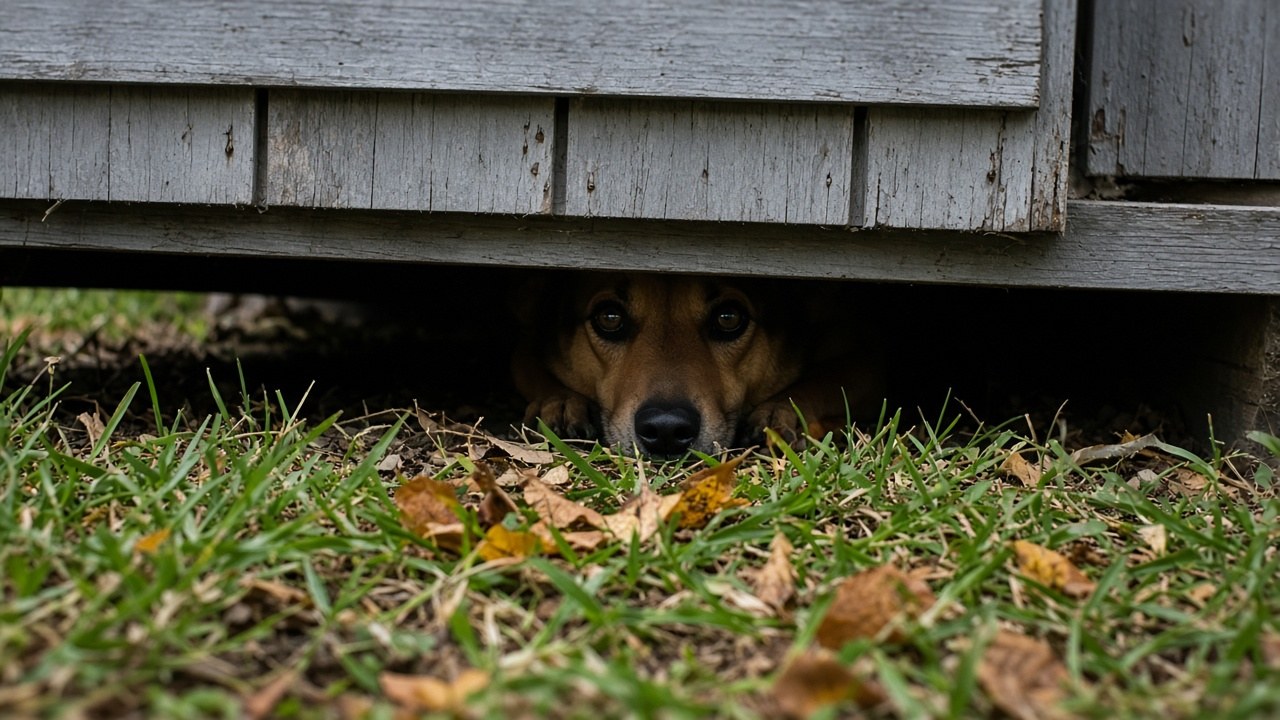 A frightened dog hiding under a backyard shed