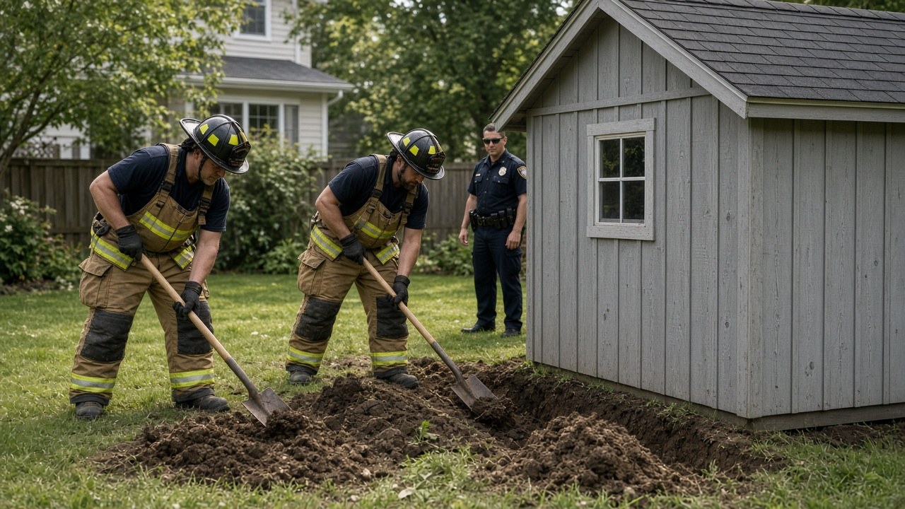 Firefighters digging a trench beside the shed