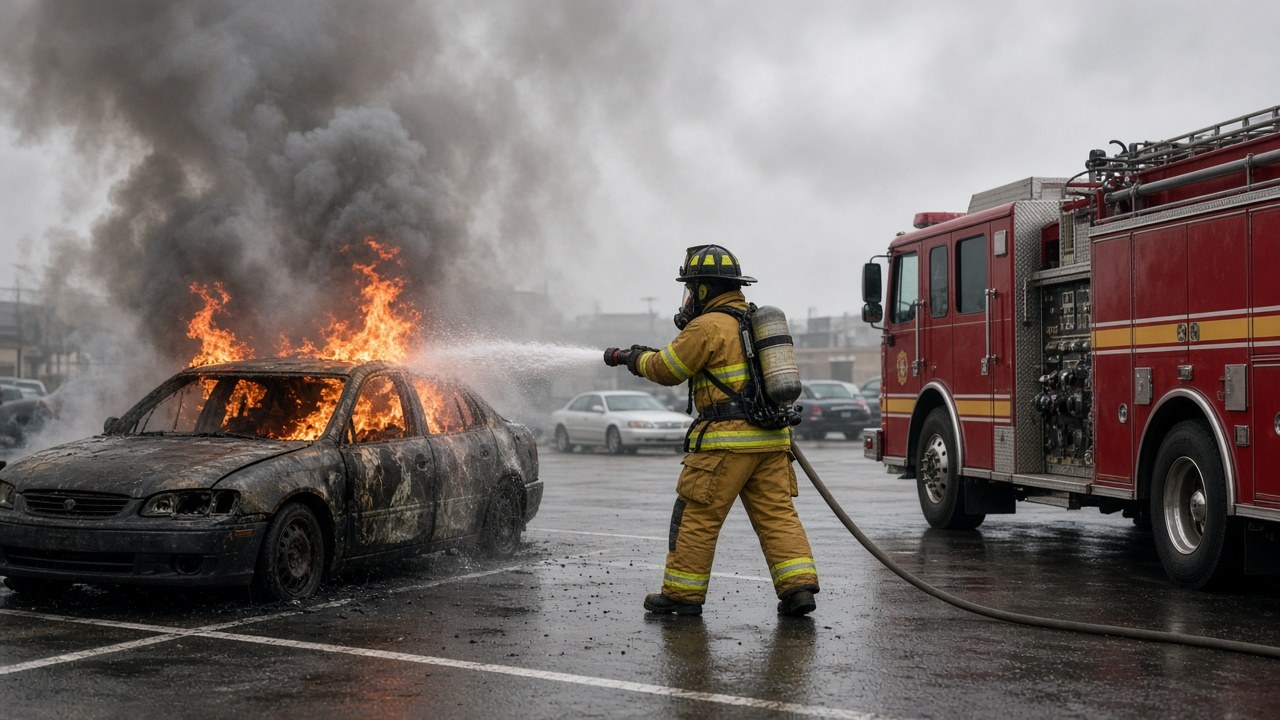 Engine 7 knocking down the flames on the burning car