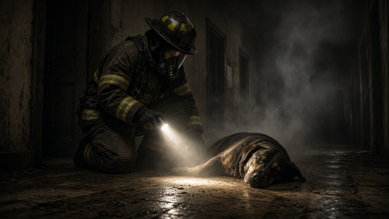 Firefighters finding the dog inside