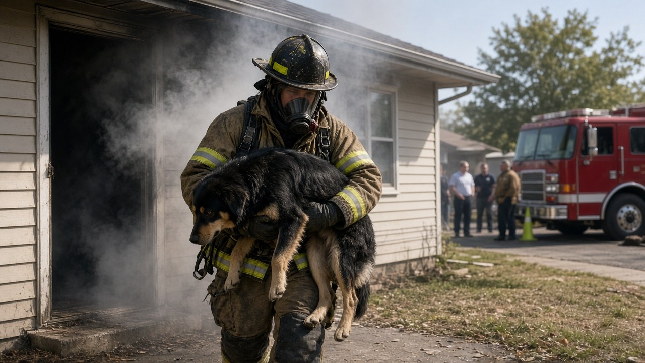 Firefighters with the dog rescued from the Bedford house fire