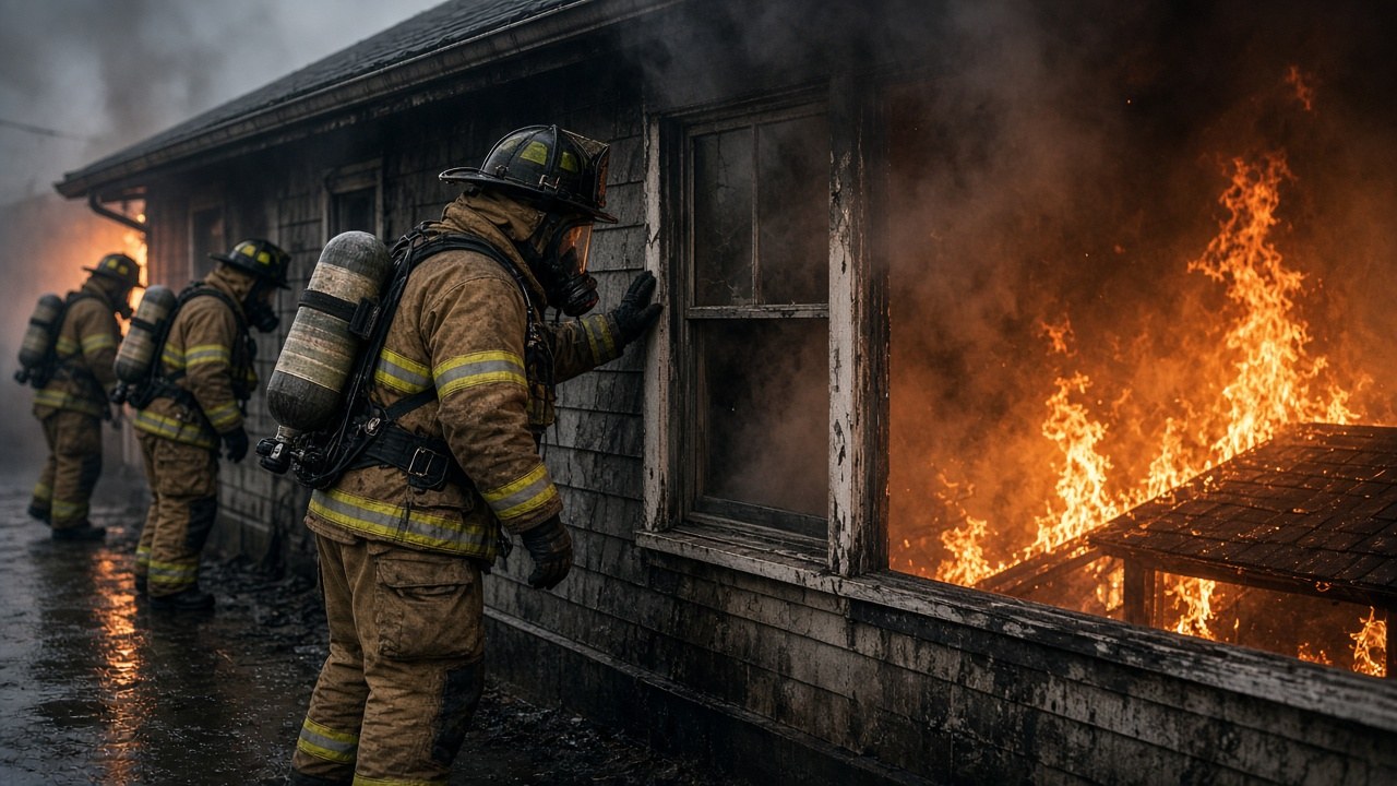 Firefighters walking around the burning house and hearing a sound at the window