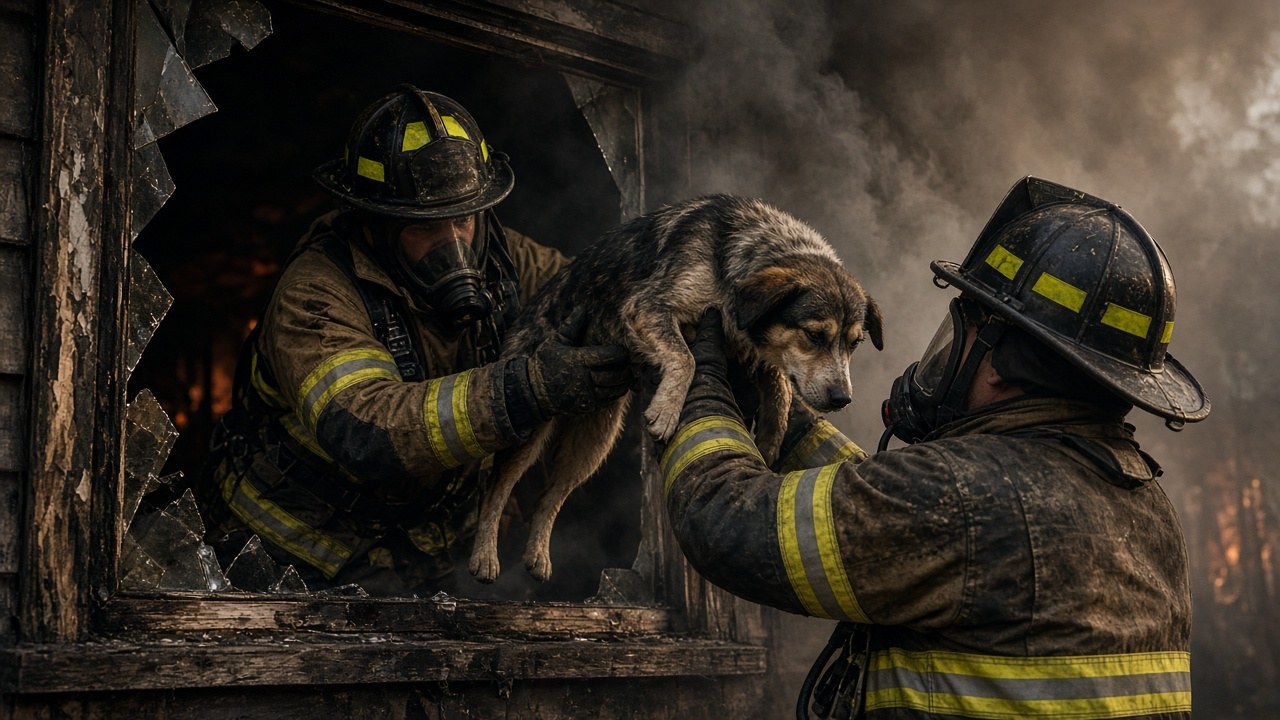 Firefighters lifting the unresponsive dog out through the window