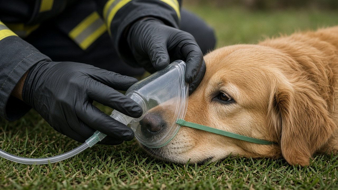 A pet oxygen mask fitted over the rescued dog's muzzle