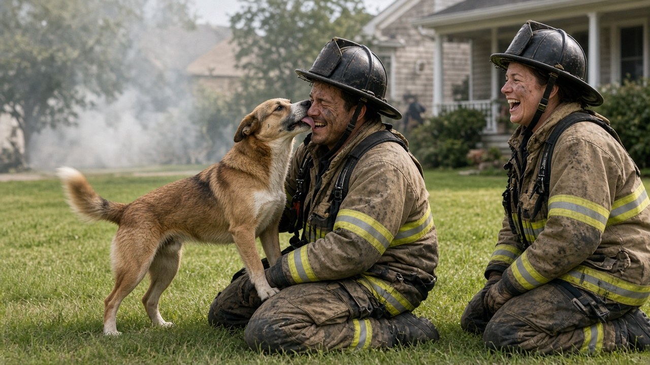 The revived dog wagging its tail and licking a firefighter