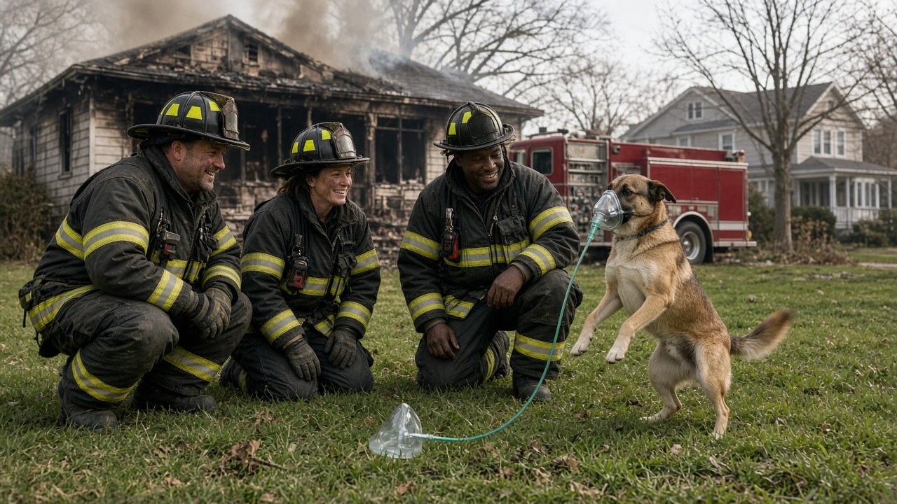 Firefighters smiling as the rescued dog stands back up on the front lawn