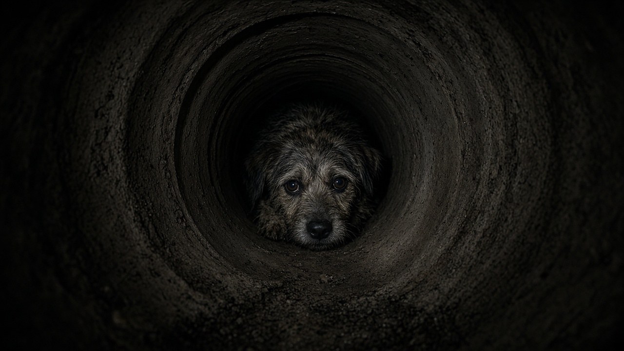 A frightened dog's eyes shining in a flashlight beam deep inside a drainage pipe