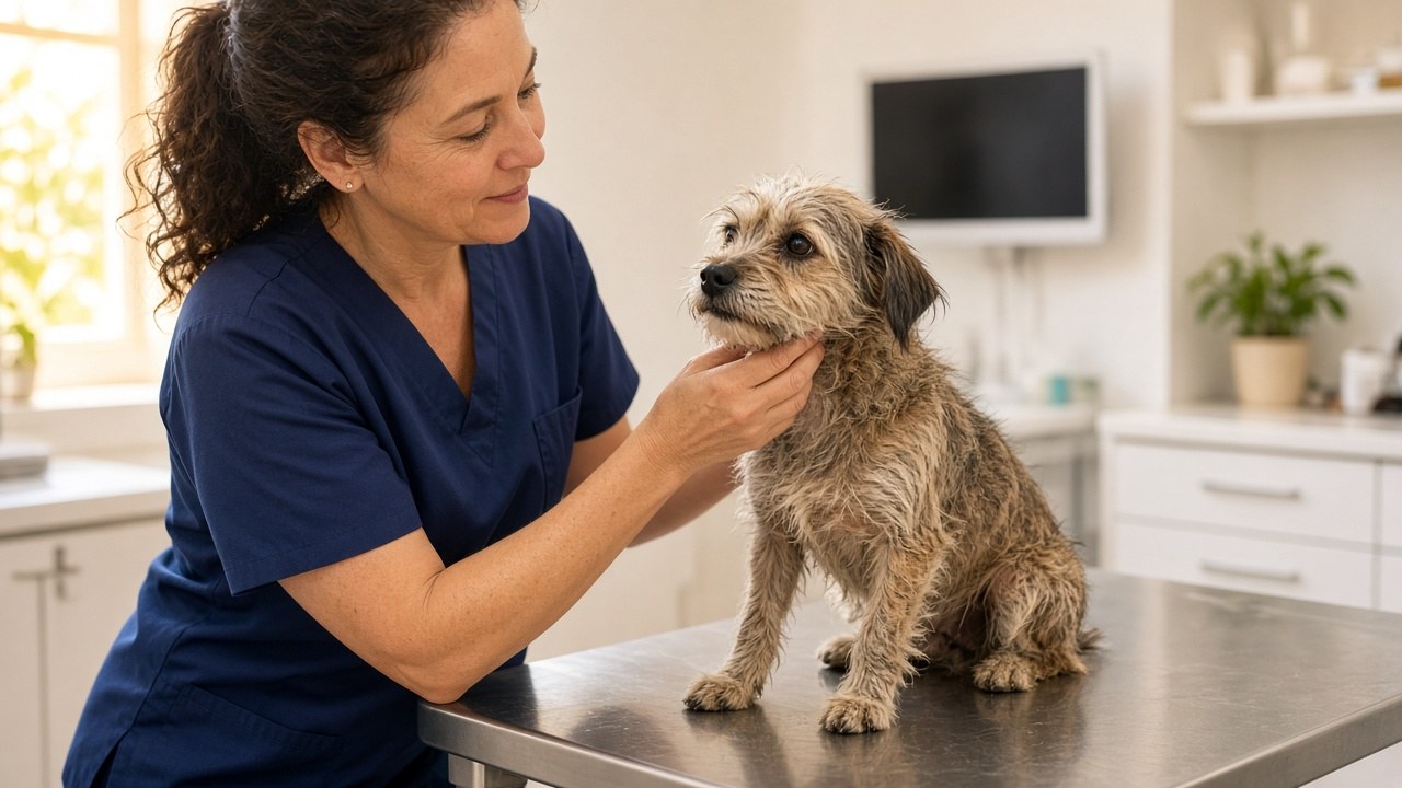 A veterinarian gently examining the rescued dog Georgie at the shelter