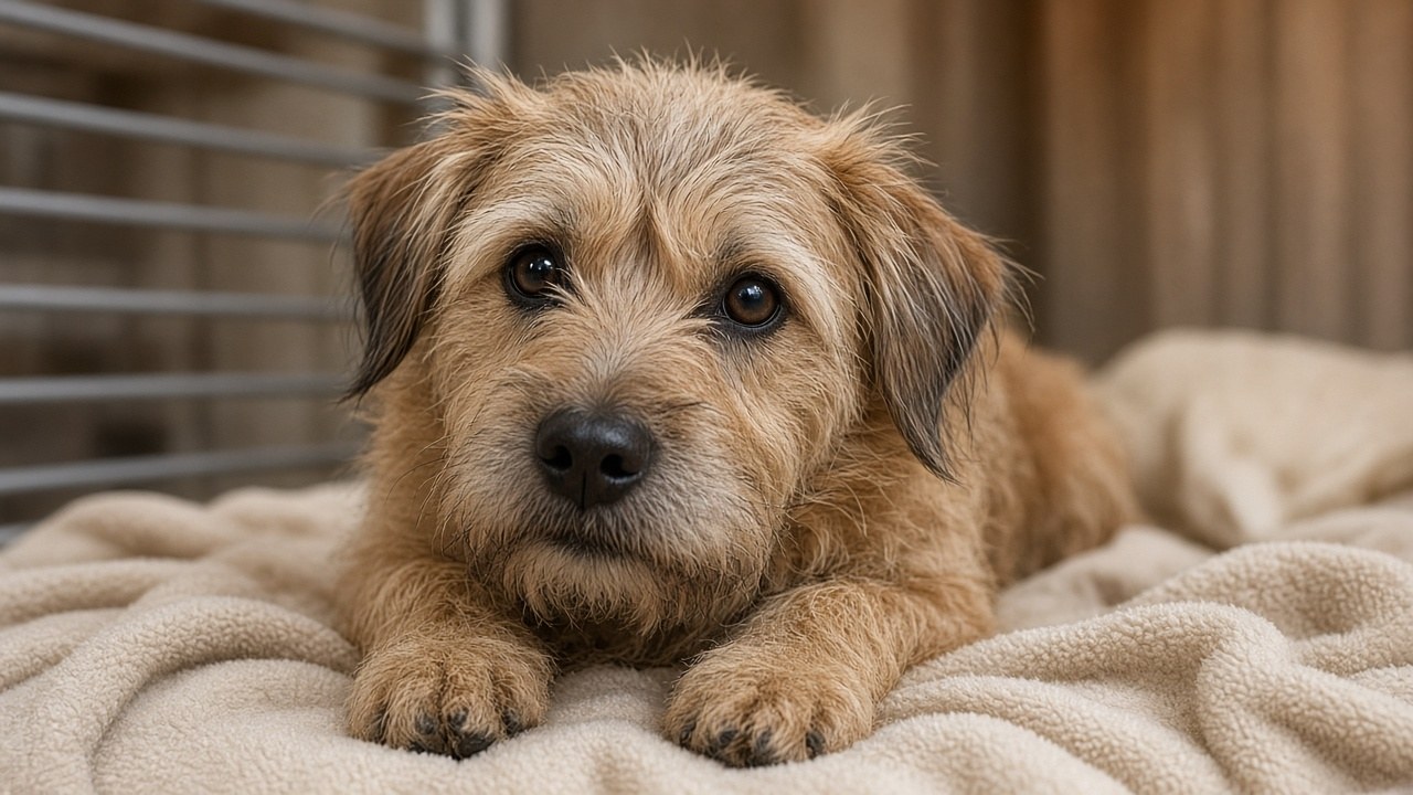 Georgie resting on a soft blanket at the shelter, waiting for his family