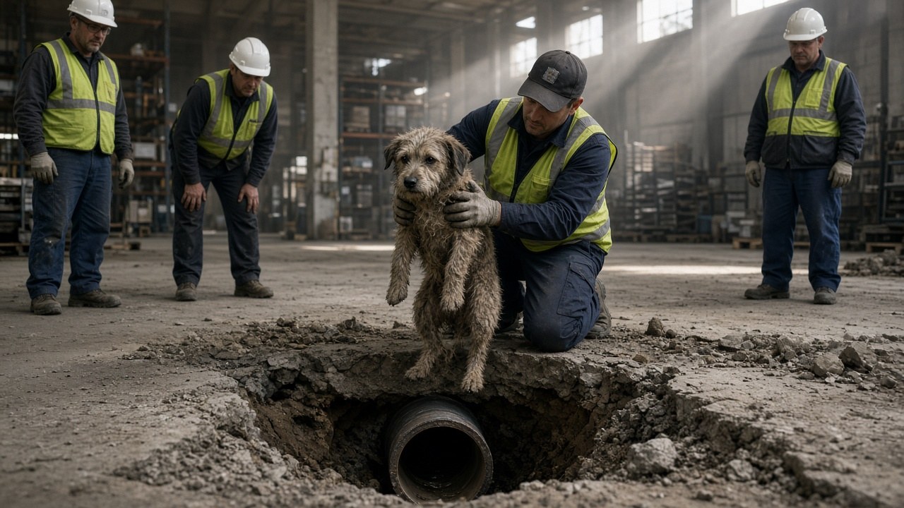 City workers and a rescue officer lifting a dog out of a hole in a warehouse floor