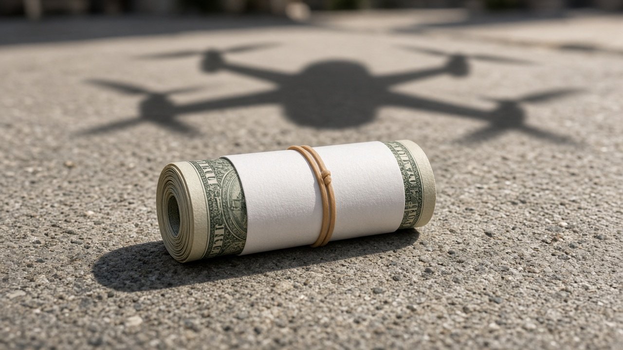 A rolled-up bundle of cash with a card lying on the sidewalk under a drone's shadow