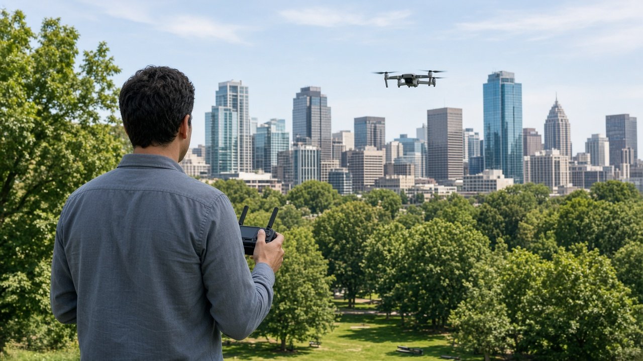 An anonymous drone pilot seen from behind flying his drone over a city park