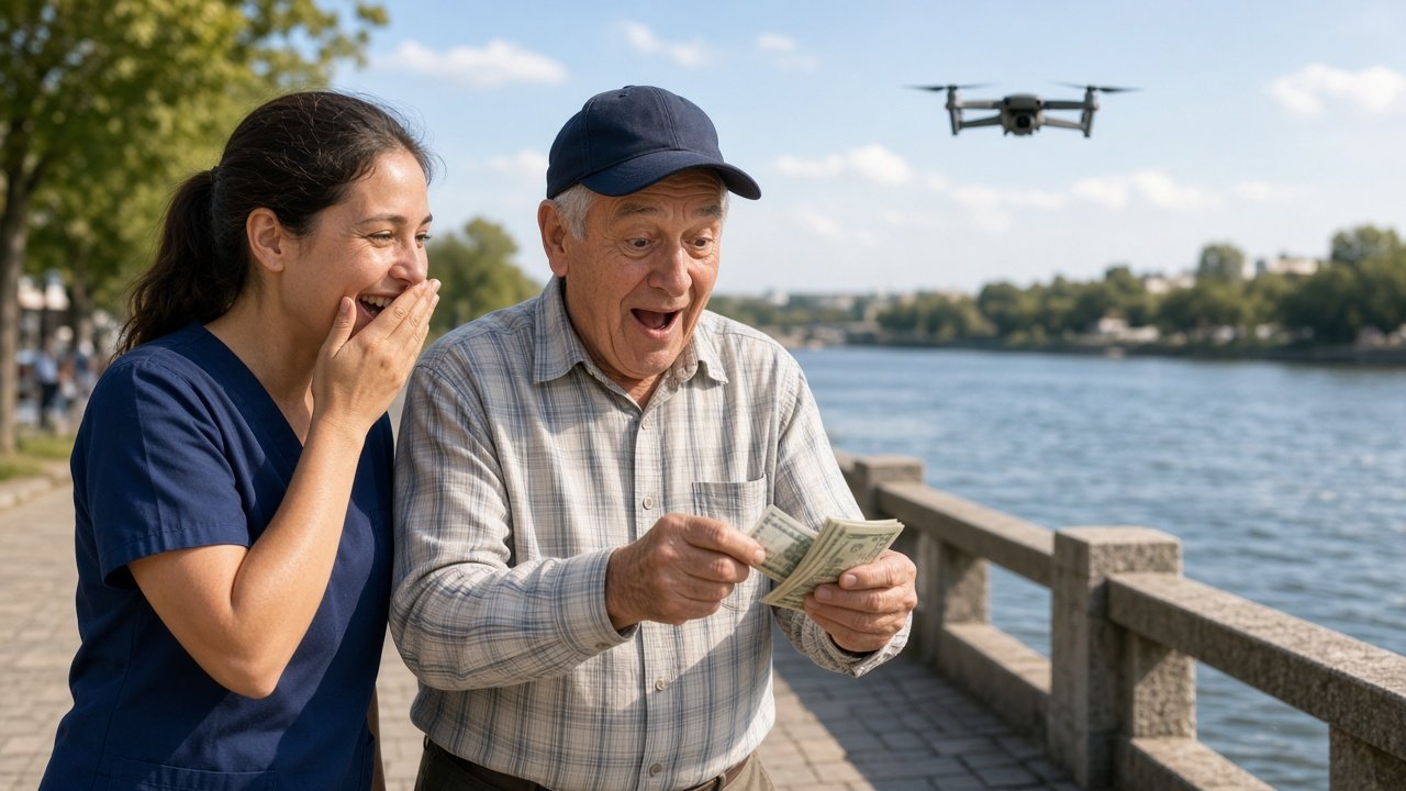 A caregiver and the older man she looks after laughing as they unroll a $100 cash drop