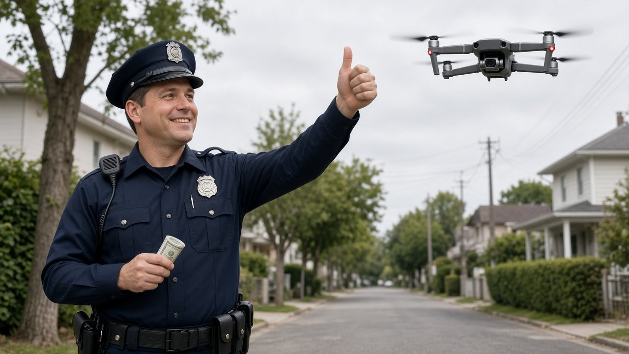 A police officer giving a thumbs-up after catching a cash drop from the drone