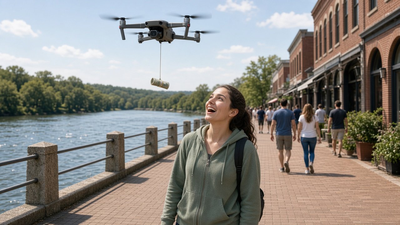 A drone lowering a small roll of cash to a surprised woman on a riverfront walkway