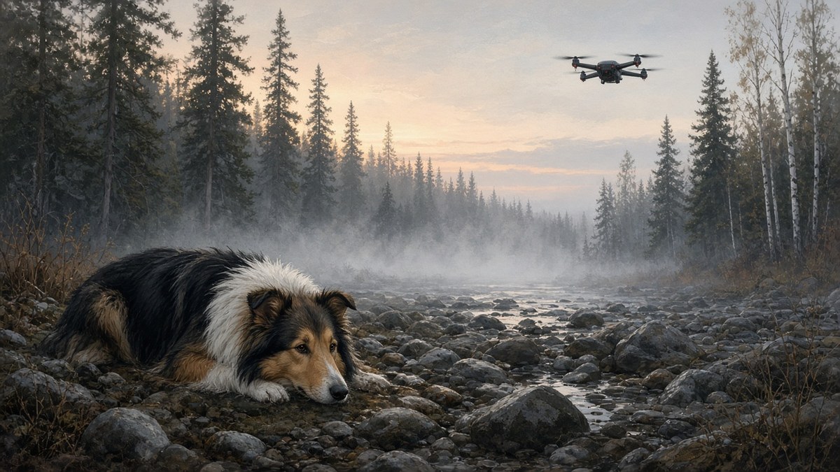 Illustration of a tired tri-color collie resting in a misty, rocky riverbed at dawn as a drone hovers overhead