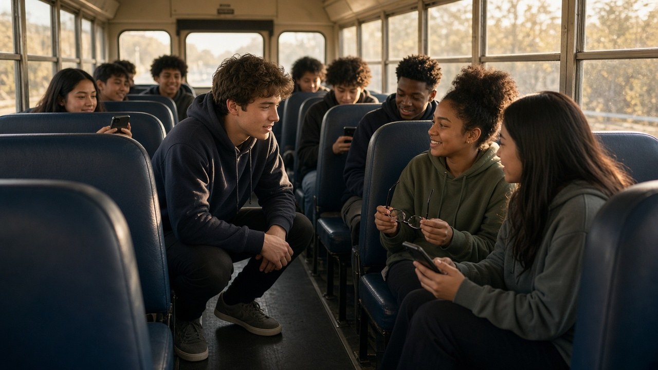 Ebro checking on the students after stopping the bus