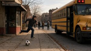 A young man sprinting toward a slowly rolling yellow school bus with its door open on a city street