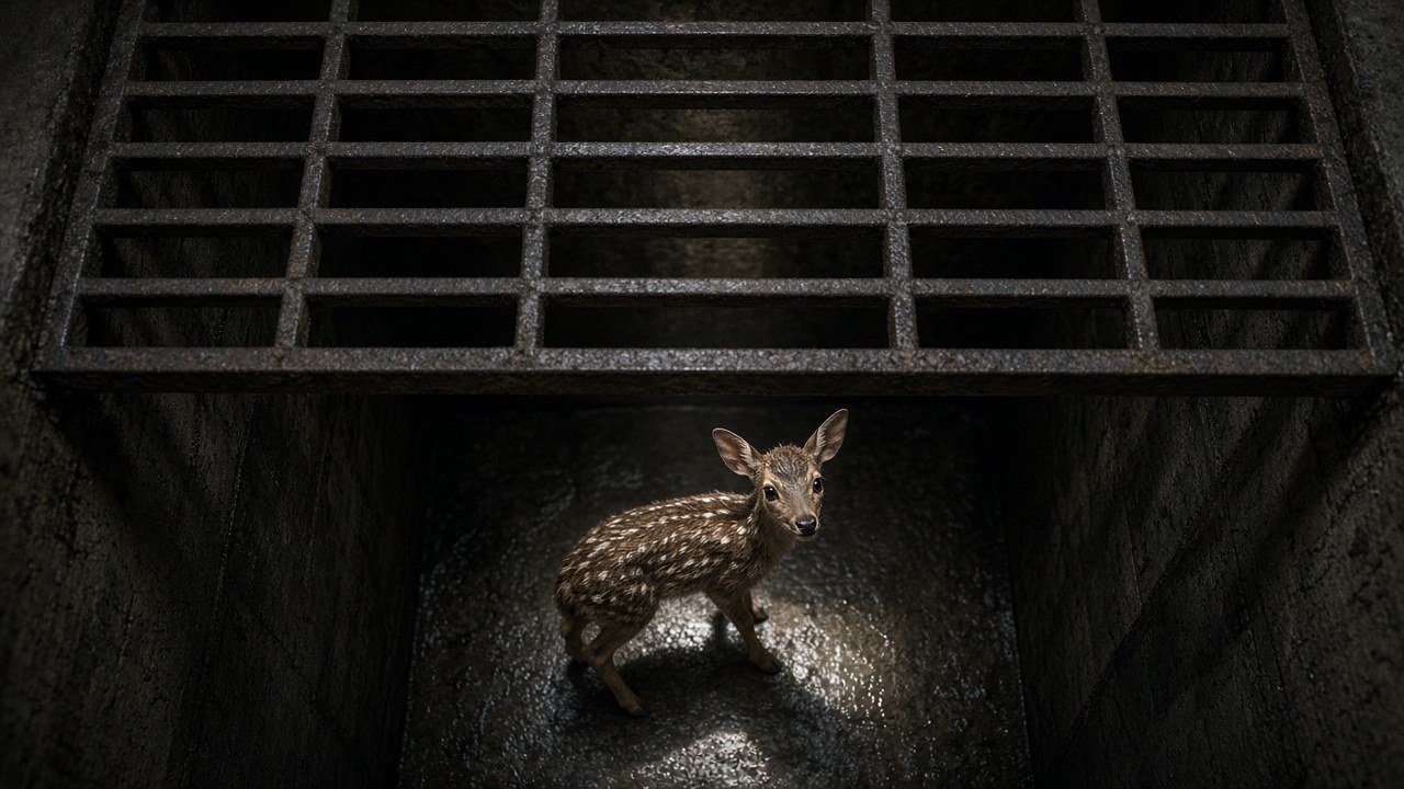 The fawn trapped at the bottom of the storm drain
